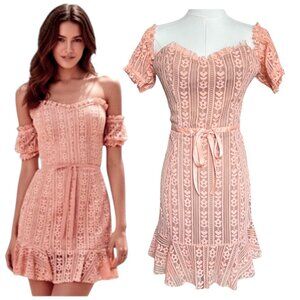 For Love & Lemons Dakota Lace Mini Dress Pink Off Shoulder L